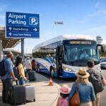 Familie mit Koffern am Airport Shuttle – Schild für Parken Flughafen sichtbar
